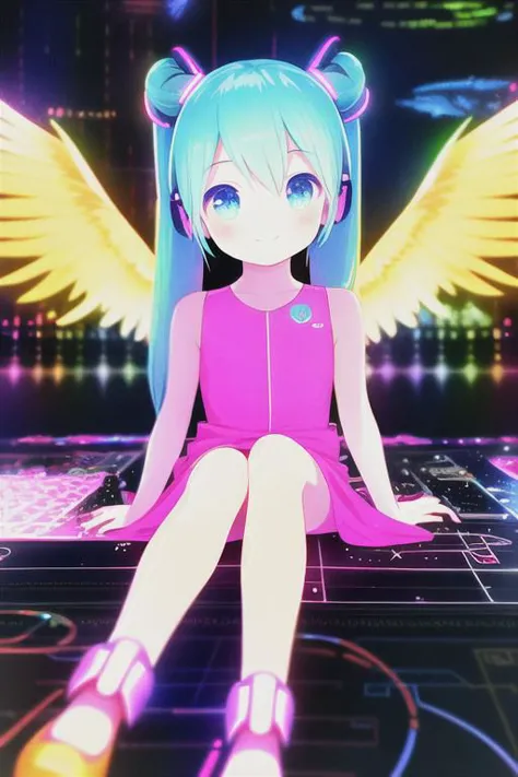 a girl with blue hair sitting on a laptop with wings