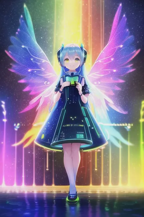 a girl with a blue dress and wings standing in front of a rainbow fountain