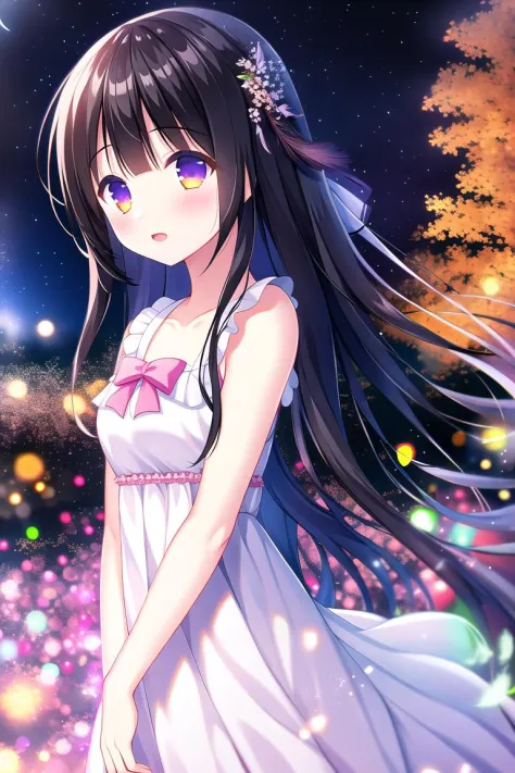 absurdres, high quality, game cg, 1girl, houraisan kaguya, evening gown, frilled dress, frills, outdoors, night sky, falling fea...