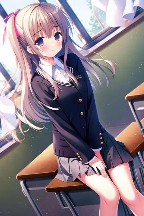 absurdres, high quality, game cg, 1girl, classroom, sitting, on chair, school desk, window, curtains, wind, chromatic aberration...