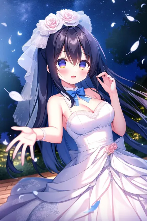 absurdres, high quality, game cg, 1girl, long hair, wedding dress, outdoors, night sky, falling feathers, upper body