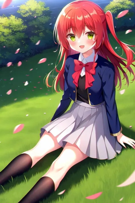 highres, high quality, 1girl, solo, kita ikuyo, smile, open mouth, youtou uniform, falling petals, sitting, grass