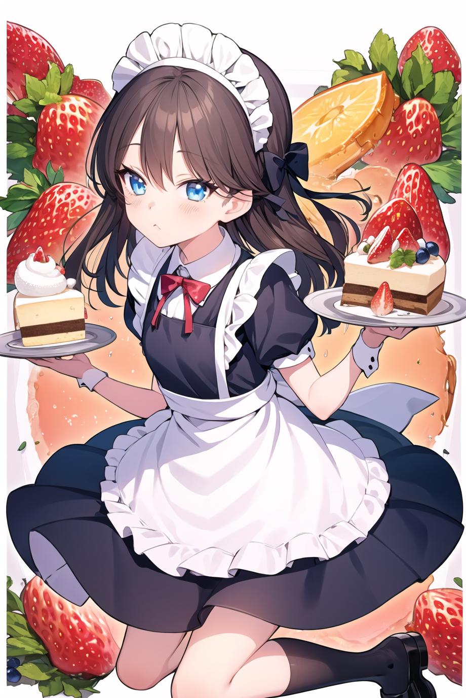 Anime girl in maid outfit holding a cake with strawberries on it - SeaArt AI