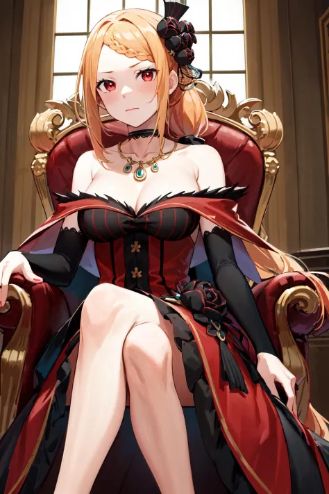 masterpiece, best quality, highres, hmpris, long hair, braided bangs, low ponytail, hair ornament, choker, collarbone, necklace, cleavage, bare shoulders, red dress, detached sleeves, black sleeves, <lora:priscilla_barielle_v1:0.7>, sitting, throne, indoor...