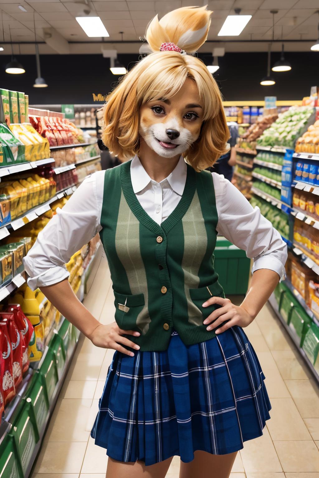 Arafed woman in a costume with a dog mask in a grocery store - SeaArt AI