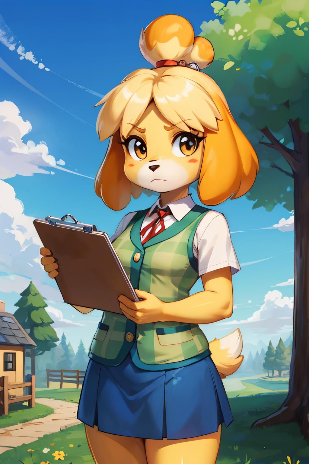 A woman in a school uniform holding a clipboard in front of a tree - SeaArt  AI