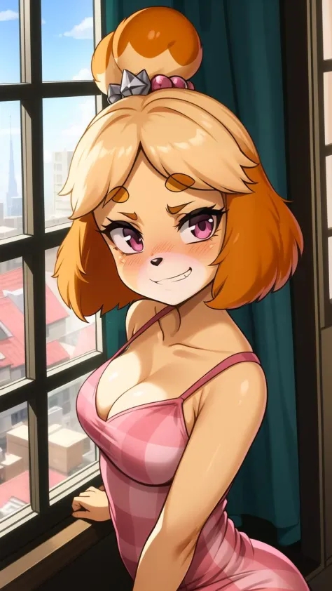 isabelle \(animal crossing\), (masterpiece, best quality:1.15), 1girl, solo, medium breasts, pink eyes, day, hot, scorching, heat, day, jubilant, festive, looking at viewer, indoors, window, open window, curtains, view, sill, natural light, cityscape, bree...