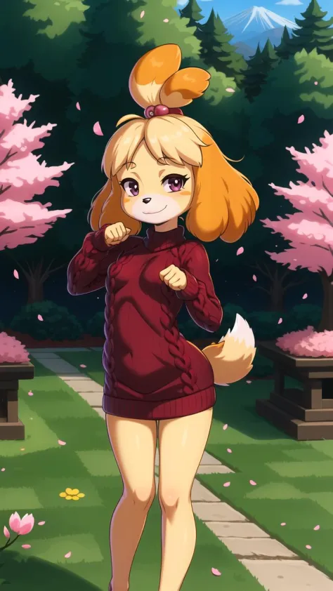 (isabelle \(animal crossing\):1.1), (masterpiece, best quality:1.15), 1girl, solo, small breasts, looking at viewer, maroon eyes, standing, crossed legs, meme attire, virgin killer sweater, day, picturesque, idyllic, outdoors, cherry blossoms, tree, japane...