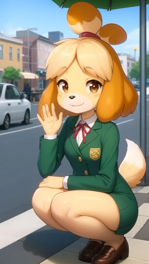 (isabelle \(animal crossing\):1.1), (masterpiece, best quality:1.1), 1girl, solo, small breasts, brown eyes, looking afar, squat...