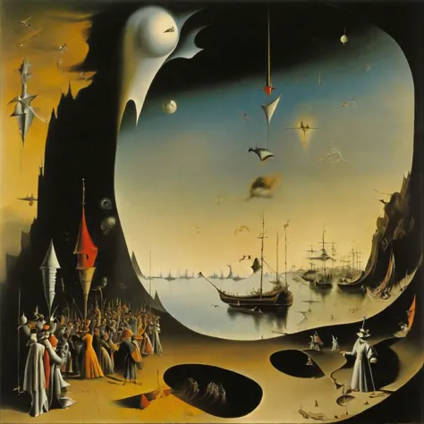 In conflict to the number zero, an accountant's irrelevant dream, surrealism, by Yves Tanguy and salvador Dali, by Johfra Bosschart, oil on canvas, sharp brush strokes, gestalt, darkly lit tableaux where figures mysteriously interact, magical realism peopled with idiosyncratic elements, dark colors, sinister numerology, poster art