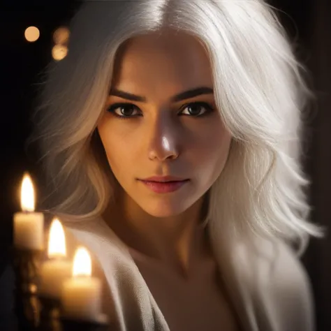 high fashion photo of beautiful woman with white hairs, age 20, realistic skin, detailed skin, head shot, candlelight, shadowplay, eye level, bokeh