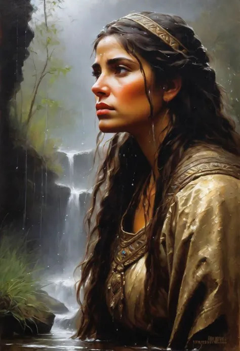 Oil painting by vicente segrelles, a ancient warrior princess with sad face, from the side, looking up, in rain, a small stream of water running down over her face, high contrast shadowing,