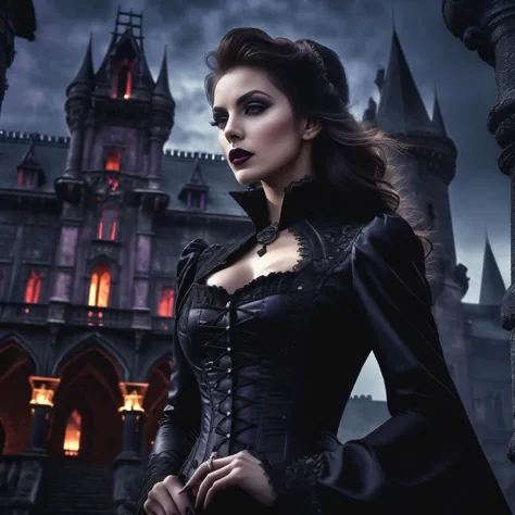 glamour photo of a vampire mistress, wearing sexy black victorian clothes, in front of a cursed dark castle, olding a cursed sword, small bats in the background sky, full body, chiaroscuro, low angle, dreamy haze, dark purple color filter for the sky, masterpiece,  intricate, ((best quality)), ((masterpiece)), (realistic:1), (detailed:1), highly detailed skin,  detailed background, insanely detailed, HDR, UHD, 8K, 64K, hyper-realistic, Highly detailed, Professional