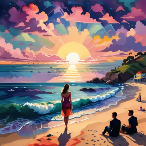 peinture impressionniste isométrique d'une femme intéressante sur la plage, Perdu dans ses pensées.  À l'arrière-plan se trouve un groupe de personnes faisant la fête sur la plage. Highly détaillé sunset, nuages colorés, et lumière réfléchie dans l'eau, Thème sombre. couleurs vives, nostalgique, charmant, amusant, vibrant, Beau, pictural, détaillé, texturé, Artistique  . Coup de pinceau puissant, couleur vive, jeu d&#39;ombre et de lumière, capture le sentiment plutôt que la forme.  . vibrant, Beau, Croustillant, détaillé, ultra détaillé, complexe