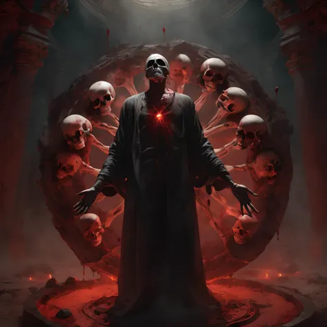 demo lord , standing in the center of a bloody summoning circle,(holding a skull) close up front view , glowing eyes, blood pool, dust, wind, dark, dim light, volumetric lighting, Hyperrealism, breathtaking, ultra realistic, ultra detailed, cinematic lighting, highly detailed, breathtaking, photography, stunning environment, wide-angle,