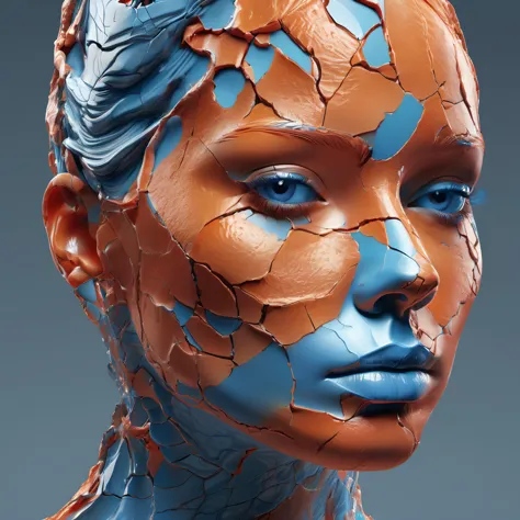 un gros plan du visage d&#39;une personne sur une surface fissurée, inspiré par Alberto Seveso, présenté sur zbrush central, feu orange/dualité de glace bleue!, portrait d&#39;un androïde, Silhouette humaine fractale, rendu 3D réaliste rouge, bleu et orange, sujet en argile craquelée, femme, fait de lave