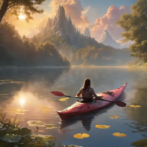 (chef-d&#39;œuvre,Meilleure qualité, Ultra réaliste,32k,photo brute,peau détaillée, 8k euh, Reflex numérique,Haute qualité:1.5), éthéré fantasy concept art of A person in a kayak on a lake with trees in the background, le soleil et les nuages dans le ciel, le tout dans les limites de l&#39;état de l&#39;Arkansas. . magnifique, céleste, éthéré, pictural, épique, majestueux, magique, art fantastique, Couverture, rêveur