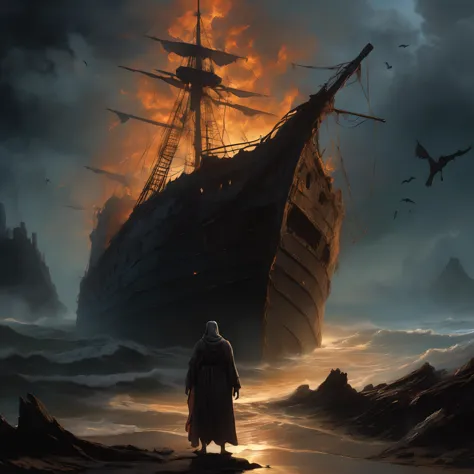 (Silhouetted against a hellish sky of fire and brimstone:1.4), (death wearing long tattered shredded robes stands upon the tilted deck of a ruined ship:1.7), (tattered robes and bandages whip about Death's skeletal form in the scorching winds:1.5), gazing out impassively across a midnight sea scattered with broken hulls and lost souls, distant screams and unearthly howls echo from the rocky shores, ephemeral shapes flit through the murky waters, searching, ever searching for a shore they will never reach, Death pays no heed to their plight, continuing his endless vigil at the helm, guide and guardian to all who find themselves crossing into his domain, shepherding them unto their cursed voyage through lands unknown, presiding eternally in this malignant corner of the underworld where no living tread, surrounded only by darkness, decay, and the anguished cries of the damned, (fantasy:1.7), (surreal:1.7), 8K, 4K, UHD, HDR, cinematic, cinematic image, intricate details, luxurious atmosphere, ultra-detailed, stunning image, IMAX, cinematic, intricate, high resolution, meticulous, cinematic composition, cinematic color grade, cinematic lighting, low aperture (f1.4), 70mm,