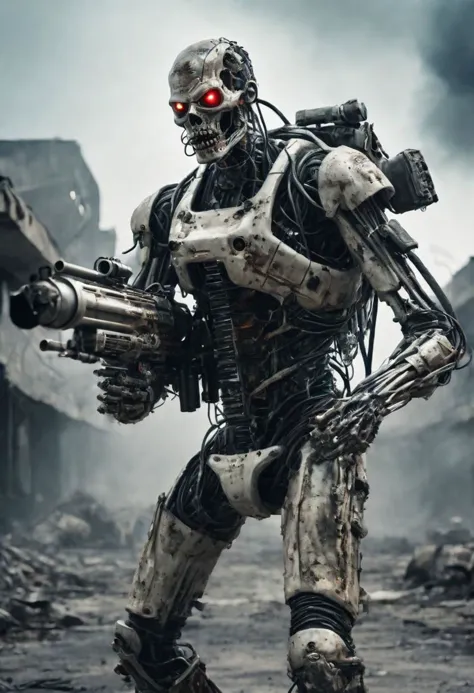 A chillingly realistic photograph captures a nightmarish scene of a cybernetic zombie holding and firing heavy rotative gatling gun, its decayed flesh intertwined with advanced cybernetic enhancements, artificial cyber eyes, complete wired body, cyber arms and legs, flesh, partial skin over body, standing in eerie solitude amidst a dystopian, post-apocalyptic landscape. Shot with a 135mm lens, this image showcases the grotesque fusion of human and machine with stark clarity.
 <lora:JuggerCineXL2:0.8> Movie Still, Film Still, Cinematic, Cinematic Shot, Cinematic Lighting