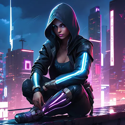 One woman, ((assassin creed)), hoody, black armor, cyberpunk city, neon lights, top of a building, crouching, overlooking City |...