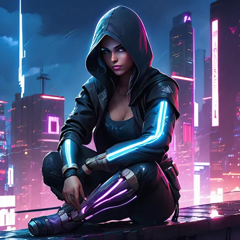 One woman, ((assassin creed)), hoody, black armor, cyberpunk city, neon lights, top of a building, crouching, overlooking City |((wet surfaces)), rain, lightning, sparks, |(Masterpiece, highly detailed, extremely detailed, beautiful, HD)), (extremely detailed CG unity 8k wallpaper, masterpiece, best quality, ultra-detailed, best shadow), (detailed background),Movie Still,Film Still,mecha