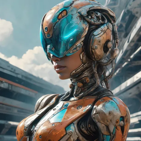 a close up of a woman in a futuristic suit with a helmet