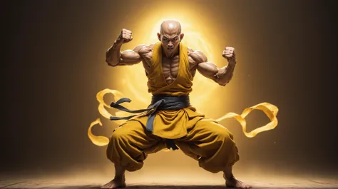 Portrait professionnel complet du corps d&#39;un moine chinois musclé comme le style Tenshinhan Dragon Ball Z, Style chinois ancien,  position de kung-fu, peau détaillée réaliste en sueur bronzée, Combat imminent,visage détaillé de la bouche ouverte en colère, dépenser, mains et doigts ultra détaillés, mains et doigts de haute qualité, (les poings serrés rayonnent une lumière jaune de l&#39;intérieur, peau de poing transparente, veines, os:1.6),( aura de puissance, aura de pouvoir, air déformé autour de lui:1.6), flou de mouvement, film tourné, réalisme photographique, Photo du film, scène de filme, Cinématique, Cinématique Shot, Cinématique Lighting, fond de temple bouddhiste oublié,  détails fous, grain de film, ultra haute définition, Rendu CG, Éclairage volumétrique, Moteur irréel, 