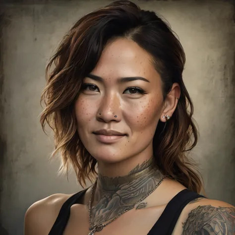 raw photo, (realistic:1.5), [norwegian: mongolian: 0.37], rule of thirds, dramatic lighting, medium hair, detailed face, detailed nose, woman wearing tank top, freckles, collar or choker, smirk, tattoo, intricate, background, realism, realistic, raw, analog, woman, portrait, photorealistic, analog, realism, (skin texture:1.24)