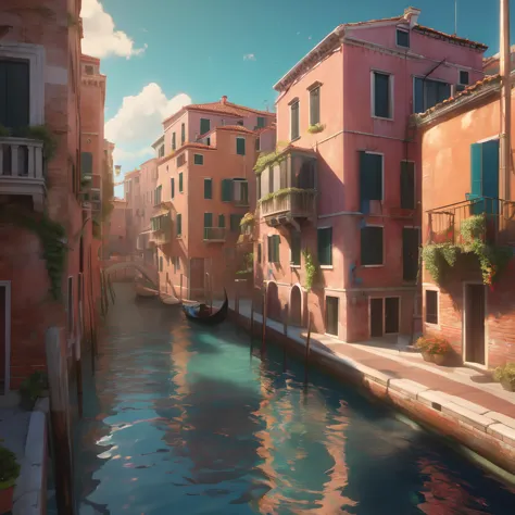 concept art A highly detailed matte painting of venice street with a bright shimmering sky by Studio Ghibli, Mokoto Shinkai, by Artgerm, by beeple, volumetric lighting, octane render, 4K resolution, trending on artstation, vivid colours . digital artwork, illustrative, painterly, matte painting, highly detailed