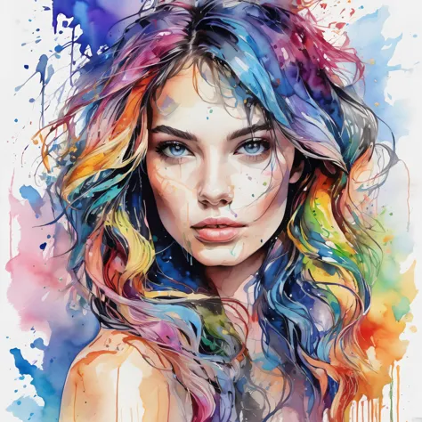 Colorful beautiful woman, a woman 18-years old, multiple color messy hair, watercolor, nice perfect face, multiple colors, intri...