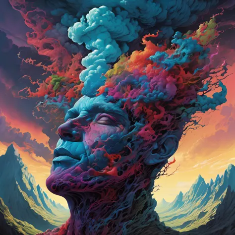 a painting of a man with a cloud head on his head