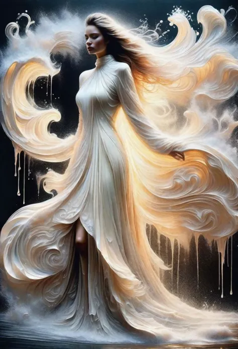 An painting of beautiful woman in a flowing cream dress. The dress features a high neck and long sleeves, with a large cutout on the back, and the fabric cascades down into a dramatic, floor-length train. The garment is crafted with waves and layers of fabric, high detail , creating a sense of movement and depth. with abstract painting splash, dark background, Stunningly beautiful painting