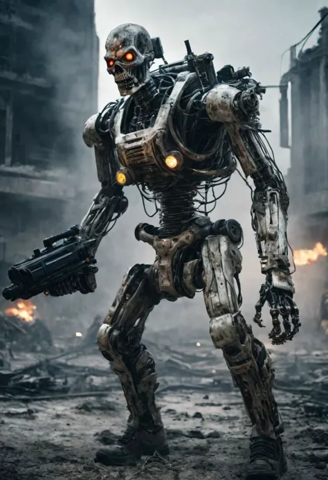 A chillingly realistic photograph captures a nightmarish scene of a cybernetic zombie holding and firing heavy rotative gatling gun, its decayed flesh intertwined with advanced cybernetic enhancements, artificial cyber eyes, complete wired body, cyber arms and legs, flesh, partial skin over body, standing in eerie solitude amidst a dystopian, post-apocalyptic landscape. Shot with a 135mm lens, this image showcases the grotesque fusion of human and machine with stark clarity.
 <lora:JuggerCineXL2:0.8> Movie Still, Film Still, Cinematic, Cinematic Shot, Cinematic Lighting