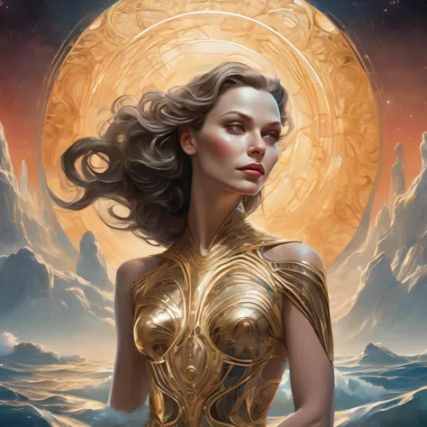 a woman in a gold dress standing in front of a large sun