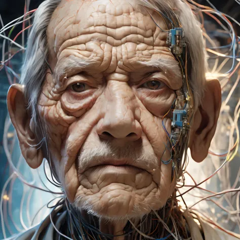 portrait de vieil homme, peeling de la peau pour révéler la cybernétique, fils, illustrations de Ryo Shiotani et Greg Rutkowski, complexe, Beau, Photographie de portrait, Éclairage cinématographique, art vintage par Serge Ivanoff, haute résolution, très détaillé