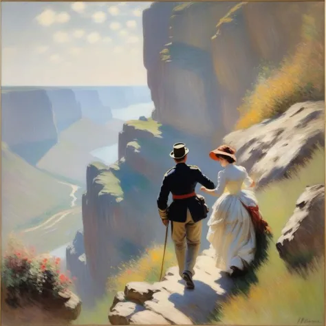 painting of a couple walking up a mountain side with a view of a valley