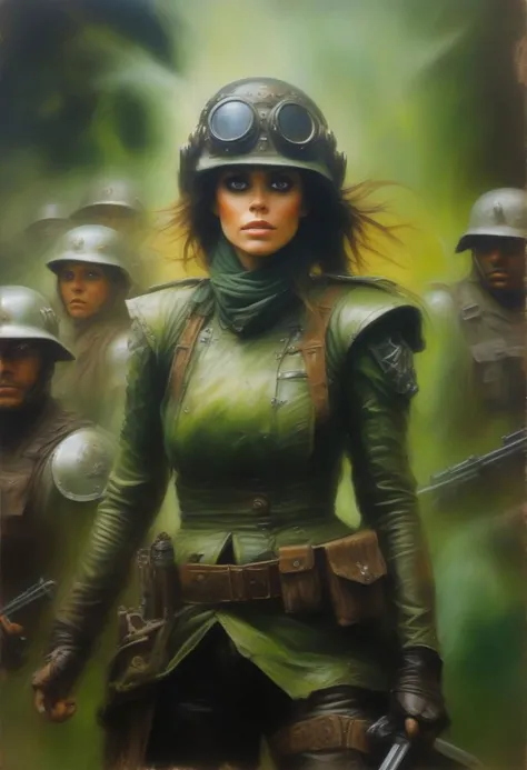 a painting of a woman in a green uniform with a gun