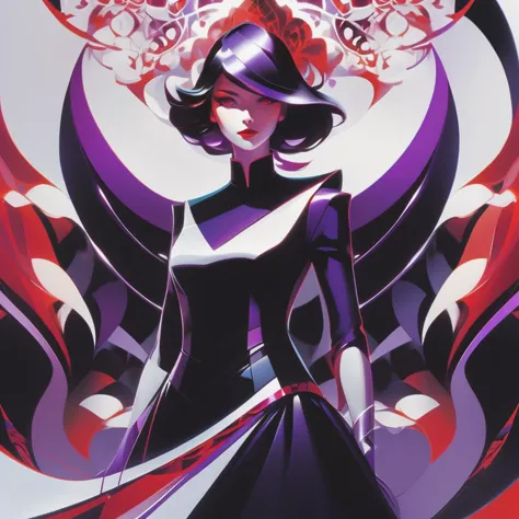 art sombre abstrait fractal à couper le souffle d&#39;une femme vêtue d&#39;une robe noire, fond blanc avec des éléments de design rouges et violets très subtils, Puissant, nécro, roman graphique, artgerme, Nettoyer l’art vectoriel ombré cel, par Lois van Baarle, Loïsh, artgerme, Hélène Huang, de Makoto Shinkai et Ilya Kuvshinov, rossdessine, illustration, Résolution 4K, tendance sur artstation . primé, professionnel, très détaillé