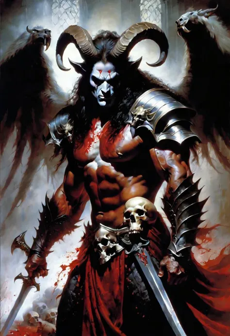 mj, Best Quality, cinematic, close-up, demon with goat head with big horns, strong and strong upper body, demon skins, skins, (c...