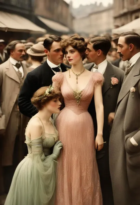 1907 color photo, 1girl, 1boy, big breasts,  flirting, crowd,  men,  cocktail party    <lora:1907_Fortuny_v2:1> Fortuny dress, rose