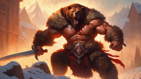 a muscular  barbarian fighting, grizzly, fury, runes, fur,   large steel sword, blood, king of the hill
