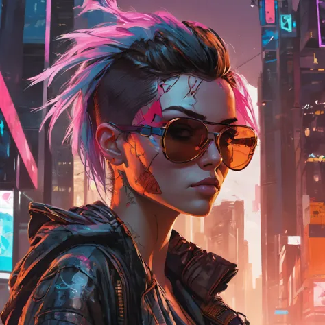 (chef-d&#39;œuvre,Meilleure qualité, Ultra réaliste,32k,photo brute,peau détaillée, 8k euh, Haute qualité:1.2), Portrait de style de marque d&#39;entreprise d&#39;une belle jeune femme cyberpunk, des lunettes de soleil, Coupe de cheveux shag, samouraï des rues, coucher de soleil, neuromancien, fond de ville cyberpunk, mégapole, vue magnifique, profondeur, peint par seb mckinnon, Détails élevés, art numérique, peint par Greg Rutkowski, tendance sur artstation . professionnel, faire le ménage, moderne, lisse, minimaliste, orienté vers le business, très détaillé