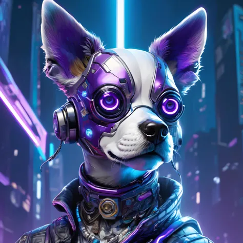 a beautiful portrait of a cute cyberpunk dog by sandra chevrier and greg rutkowski and wlop, purple blue color scheme, high key ...