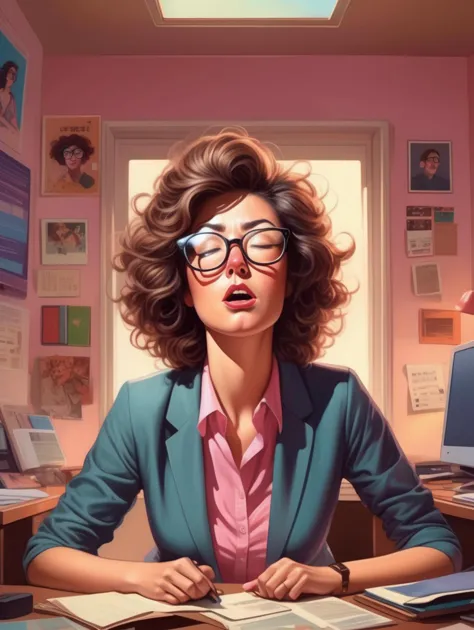 Page de style Alex Gross d'un corps entier d'une femme lascive portant des lunettes, avec des cheveux en bataille, nez rougir, les yeux mi-clos, bouche ouverte, allongée sur son bureau, Face vers le haut, Reculer, Écarte les jambes, vue de face, seulement 