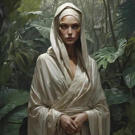 painting of a woman in a white robe standing in a jungle