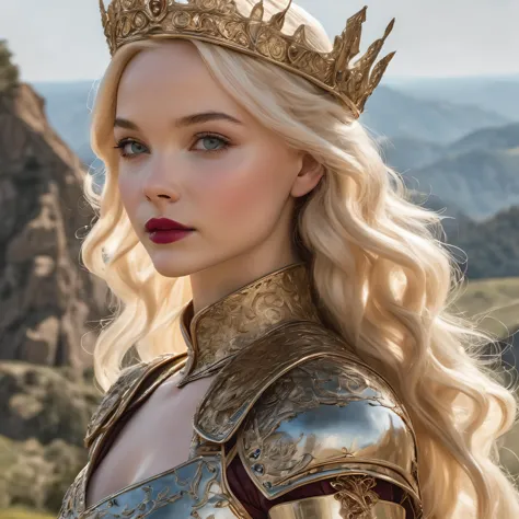 (masterpiece,best quality, ultra realistic,32k,RAW photo,detailed skin, 8k uhd, high quality:1.2), Luxury product style dove cameron in a knight armor, full plate, fantasy art, photography, red lipstick, blood stains, hair in the wind, shiny armor, victorious on a hill, battle field, full body, sword pointed at sky . Elegant, sophisticated, high-end, luxurious, professional, highly detailed