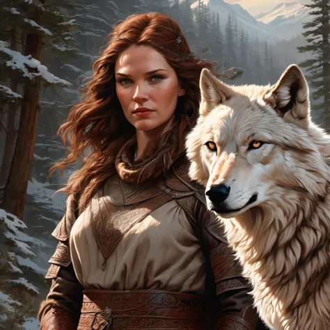 a painting of a woman standing next to a wolf, dragonlance illustration, emote, low quality video, unknown title, also known as ...