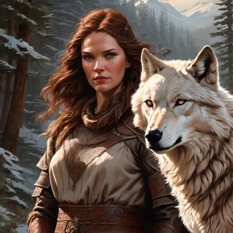 arafed woman with a wolf in a snowy forest