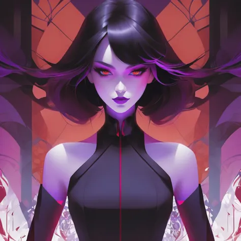 art sombre abstrait fractal d&#39;une femme dans une robe noire, fond blanc avec des éléments de design rouges et violets très subtils, Puissant, nécro, roman graphique, artgerme, Nettoyer l’art vectoriel ombré cel, par Lois van Baarle, Loïsh, artgerme, Hélène Huang, de Makoto Shinkai et Ilya Kuvshinov, rossdessine, illustration, Résolution 4K, tendance sur artstation, plat