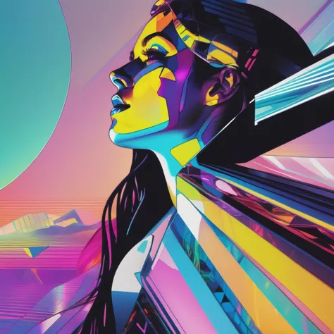 isometric style fractal abstract dark art iphone photo of a futuristic synthwave woman by android jones, a woman looks up and th...